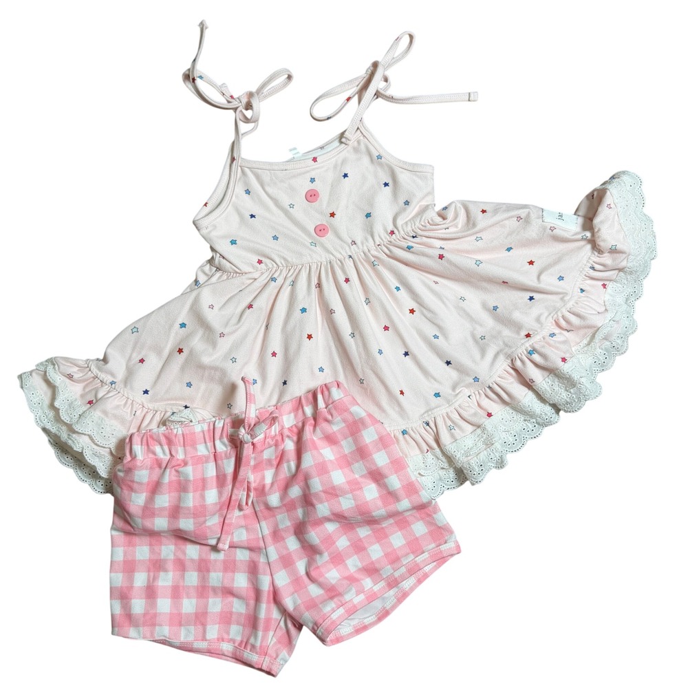 Jane + Jo Girls Pink Patriotic Star Tunic and Gingham Shorts 5Y Coquette Summer